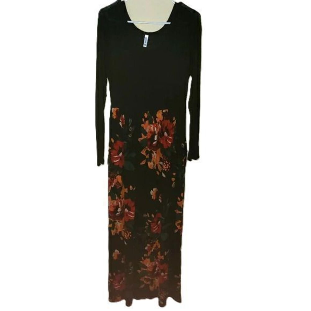 Elegant Long Sleeve Floral Maxi Dress Black with Autumn Rose Print Pockets -H051